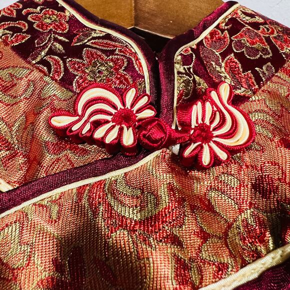 Silk Blend Asian Style Sheath Dress Red Gold - S - Picture 7 of 7